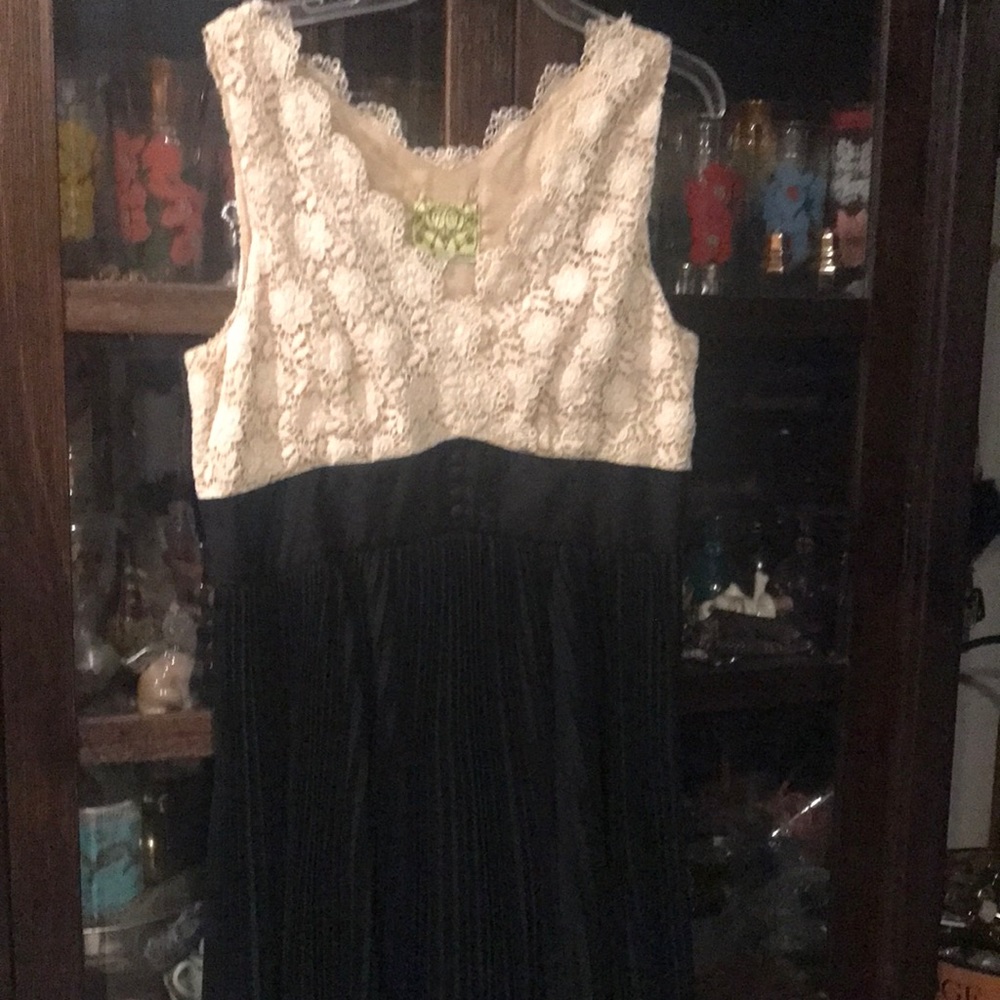 Floreat Anthropology dress cream lace  pleated  black skirt size 14